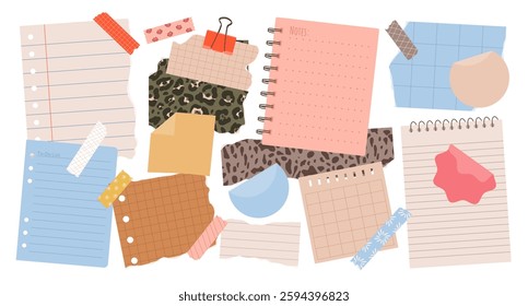Set of various torn paper notes, stickers, to do list, notebook, duct tapes, paper clips. Isolated flat sticky elements, planners, reminders for mood boards, scrapbooking or collages. Vector bundle.