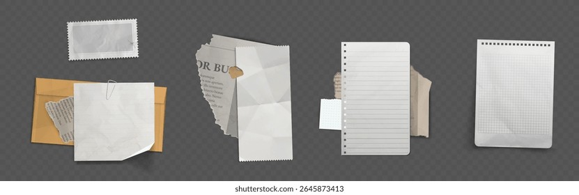 Set of various torn paper scraps and ripped note snippets. Old crumpled sheets with ragged edges from spiral bound notebook, graph papers. Realistic vector for collage, scrapbooking, memo design.