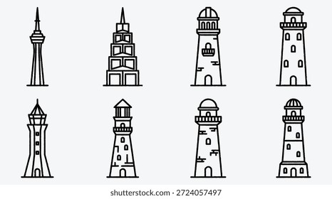 Set verschiedener Turm- und Leuchtturmillustrationen in schwarzer Linienkunst