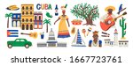 Set of various traditional Cuba colorful attributes vector flat illustration. Collection of Cuban culture, ethnic people, architecture, cigar, musical instrument, rum, fruits, flag isolated on white