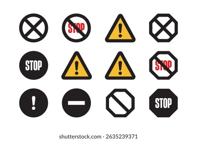 A set of various traffic and warning signs, including stop signs, no entry signs, and caution signs.