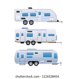 Set Of Various Trailers. Modern Motorhomes, Mobile Homes On Wheels, For Travel Around Country, And For Trips To Nature. Vans, Vehicle Trailer, Camping, Family Traveling By Car. Vector Illustration.