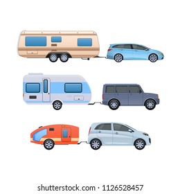 Set of various trailers. Modern motorhomes, mobile homes on wheels, for travel around country, and for trips to nature. Vans, vehicle trailer, camping, family traveling by car. Vector illustration.