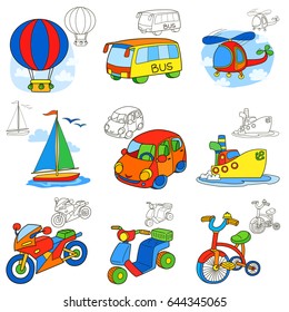 Set of various transport vehicles. Coloring book page. Cartoon vector illustration