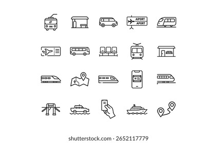 A set of various transportation icons, including vehicles, tickets, and location markers, all in a simple black outline style.