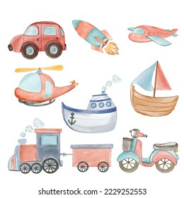 set of various of transportation watercolor illustration collection