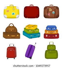 Set of various  travel bags suitcases with stickers on isolated white background. Summer travel handle luggage. Traveling equipment. Vector icon illustration.