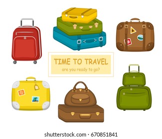 Set of various  travel bags suitcases with stickers on isolated white background. Summer travel handle luggage. Traveling equipment. Flat vector icon illustration.