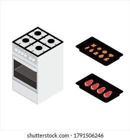 Set of various trays, forms of food and kitchen stove isolated on white background. Delicious meat beef steaks 
 and cookies in baking form for restaurants menu design. Isometric view. Vector
