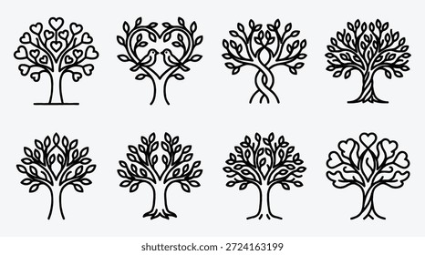 Conjunto de varios diseños de arte de línea de árbol con hojas y corazones