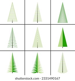 Set of various trees with pyramidal crowns. Creative abstract green trees. Coniferous elements of spruce, fir or pine. Evergreen culture. Eco friendly and natural symbols for badges, logos or labels.