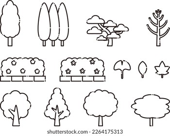 Set of various trees, street trees and leaves 5 black outline only