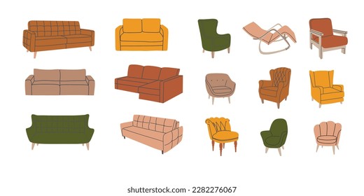 Set of various trendy colorful armchairs and couches. Soft furniture collection for interior design and decoration. Hand drawn vector illustration isolated on white background