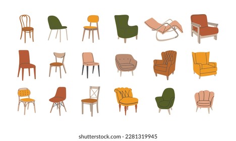 Set of various trendy colorful chairs and armchairs. Furniture collection for interior design and decoration. Hand drawn vector illustration isolated on white background