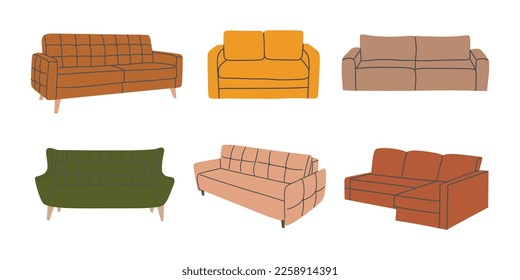 Set of various trendy colorful couches. Soft furniture collection for interior design and decoration. Hand drawn vector illustration isolated on white background