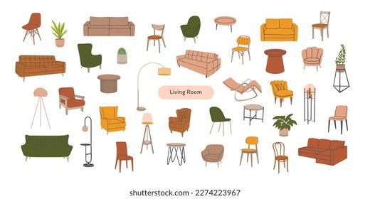 Set of various trendy colorful living room furniture. Collection for interior design and decoration. Hand drawn vector illustration isolated on white background