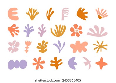 Set of various trendy  doodles, colorful basic shapes and hand-drawn leaves, flowers. Abstract  contemporary vector illustration with isolated art elements.