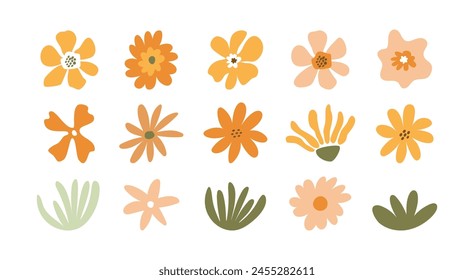 Set of various trendy  doodles, colorful basic  hand-drawn leaves, flowers. Abstract  contemporary vector illustration with isolated art elements.