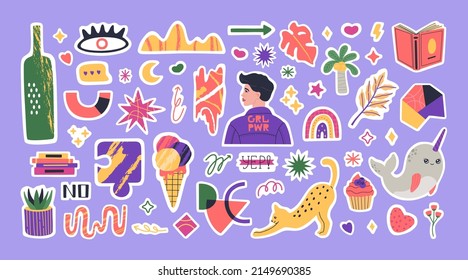 Set of various trendy stickers planner. Colorful elements and lettering for daily planner or diaries. Cute weekly images, motivation quotes. Hand drawn vector illustration in flat cartoon style.