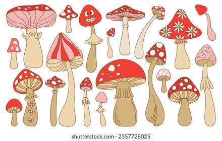 Set of various trippy 70s groovy mushrooms. Hippie psychedelic fly agaric fungus pack. Naive groovy hippie isolated vector illustration. 