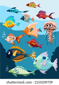 Conjunto de varios peces tropicales al estilo de las caricaturas