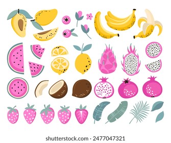 Set of various tropical fruits and berries isolated on a white background. Vector illustration