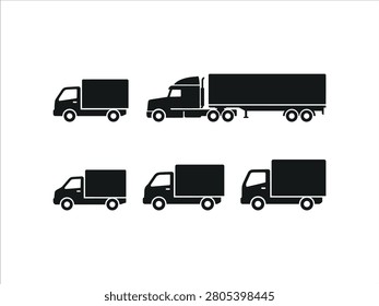 Set of various truck icons, including delivery trucks and semitrailer trucks, vector illustration