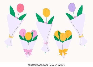 Set with various tulips in wrapping paper. Bouquets for Women`s day and Mother`s day. Modern isolated vector illustration.