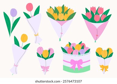 Set with various tulips in wrapping paper. Bouquets for Women`s day and Mother`s day. Modern isolated vector illustration.