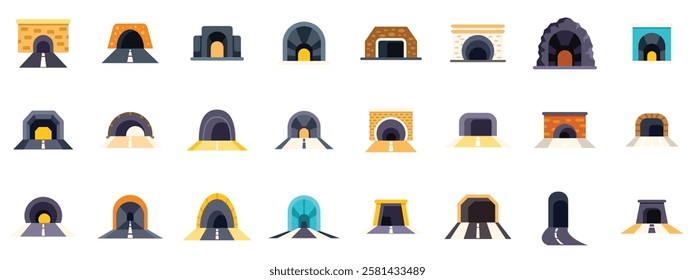 Set of various tunnel icons depicting different tunnel shapes, constructions, and road types, including mine and subway tunnels