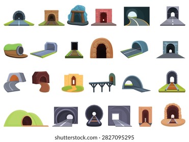 Set of various tunnel including mountain passages, railway tracks, road tunnels, stone arches, and underground subway entrances