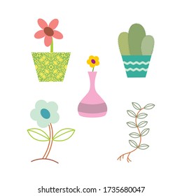 Conjunto de varios tipos de hermosa planta en la olla. Ilustración colorida botánica vector aislado con hojas y flores.