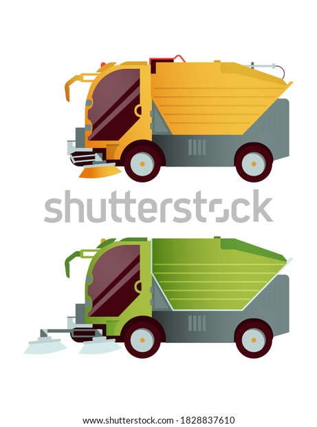Set of Various Type\
of Cleaning Equipment Vehicle. Modern Flat Style Vector\
Illustration. Cleaning\
tools.