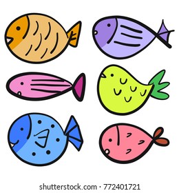 Set of various type colorful fish cartoon. flat icon Vector illustration.
