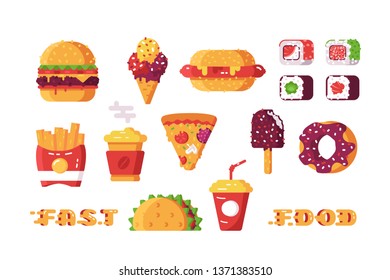 Set of various type of fast food vector illustration. Different kinds of unhealthy beverages and leisures like sushi, taco and french fries flat style design. Semi-finished products concept