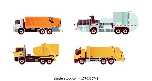 Set of Various Type of Garbage Truck Vehicle. Modern Flat Style Vector Illustration.