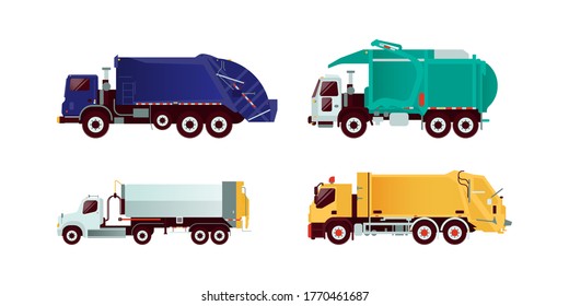 Set of Various Type of Garbage Truck Vehicle. Modern Flat Style Vector Illustration.