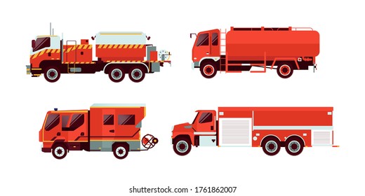 Set of Various Type of Red Fire Truck Emergency Vehicle. Modern Flat Style Vector Illustration.