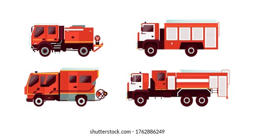 Set of Various Type of Red Fire Truck Emergency Vehicle. Modern Flat Style Vector Illustration.