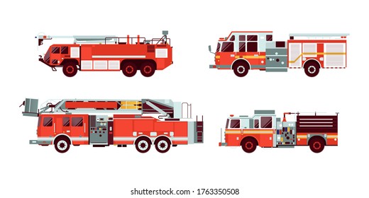 Set of Various Type of Red Fire Truck Emergency Vehicle. Modern Flat Style Vector Illustration.