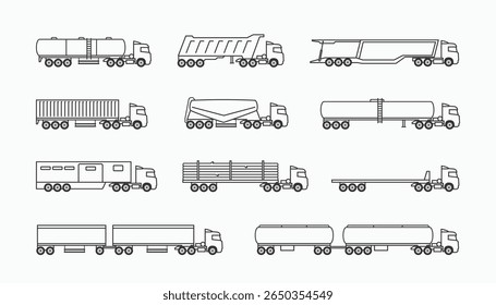 Conjunto de vários reboques de caminhão tipo coleções de ícones de logotipo linear. Ilustração vetorial