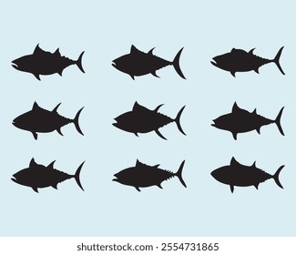 set of various type of tuna fish vector illustration silhouette