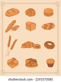 Set of various types of bread and pastries. Snack illustration on easy pink background.