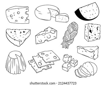 Set of various types of cheese. Collection of fresh cheeses cheddar, mozzarella, maasdam, brie, gouda, etc. Tasty dairy product. Snacks for drinks. Vector illustration.