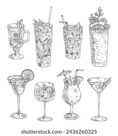 Set various types of cocktails. Margarita, mojito, martini, cuba libre, gin tonic, pina colada, mulled wine, Bloody Mary. Engraving vector black vintage illustration isolated on white. Hand drawn desi