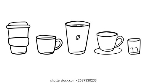 Conjunto de vários tipos de xícaras de café, rabiscar várias bebidas de café