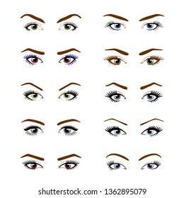 Set of various types of color female eyes isolated on white background. Template for Makeup. Training poster. Vector illustration.