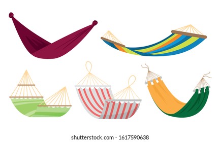 Set of various types of colorful rope hammocks. Vector set illustration in flat cartoon style.