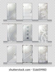 Set of various types of contemporary glass doors. Flat design. Pockmarked background. Clean glass door, with lines, flowers, squares, stains. Different kind of handles, straight, circle, waved. Vector