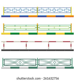 set of various types designs of metal fencing for city sidewalks, parks, gardens or parking areas in vector format. part 2